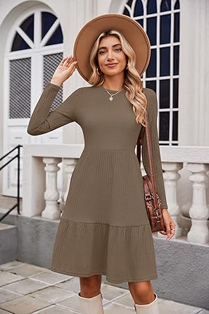 fall sweater dresses 2024 Aboser Womens Winter Ribbed Knit Dresses Long Sleeve Mock Neck Pullover Sweaters 2024 Fashion Fall Dress Loose Lantern Sleeve Midi Dresses, Women's,